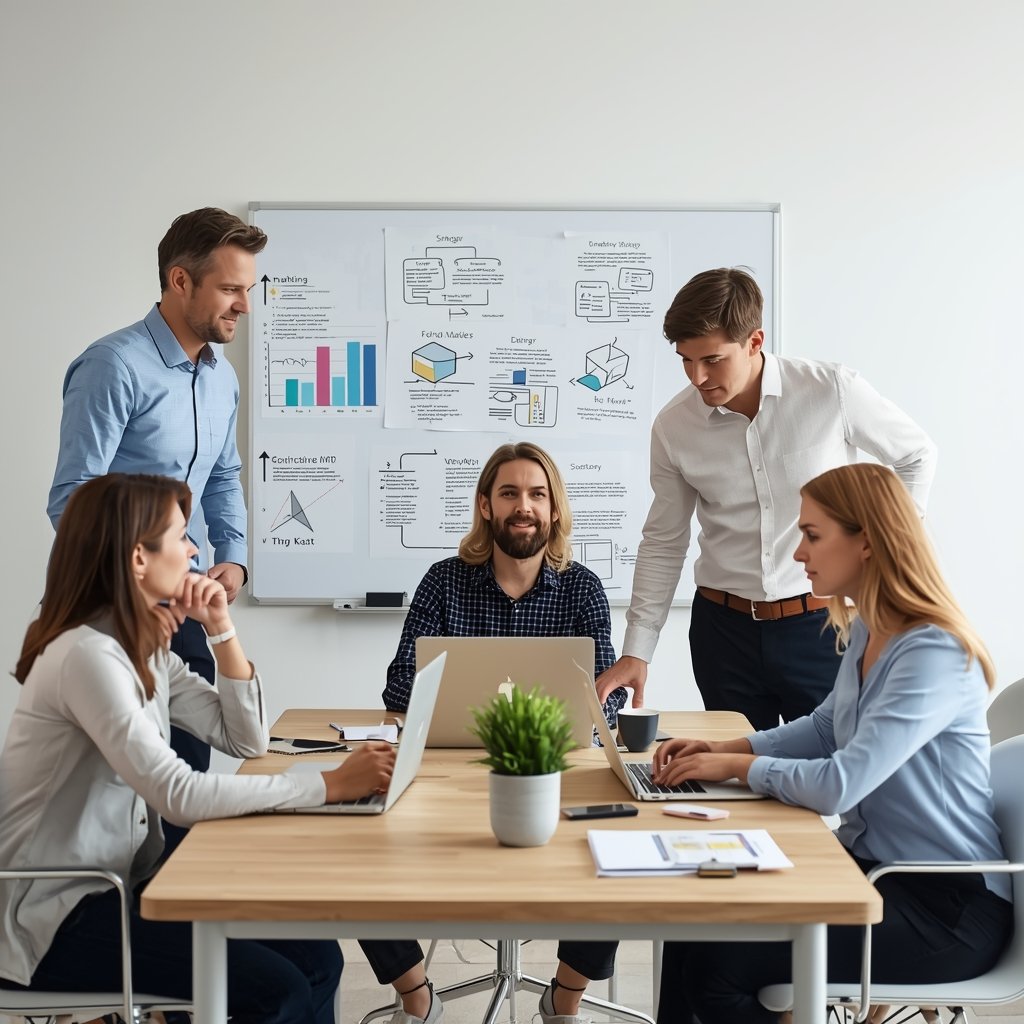 lucid origin Professional image representing digital marketing management. Team collaborating 0