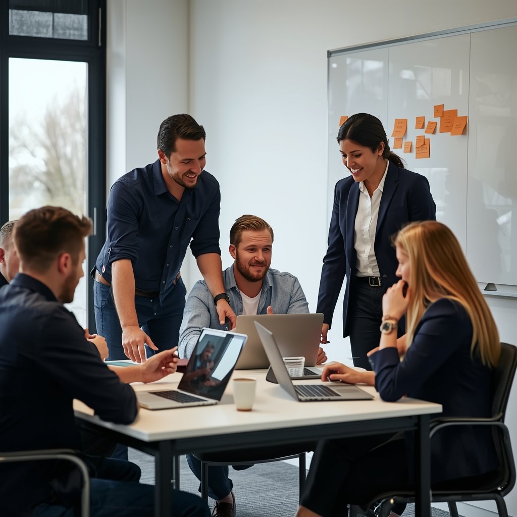 lucid origin Square photo of digital marketing team collaborating. Modern office with laptops 0